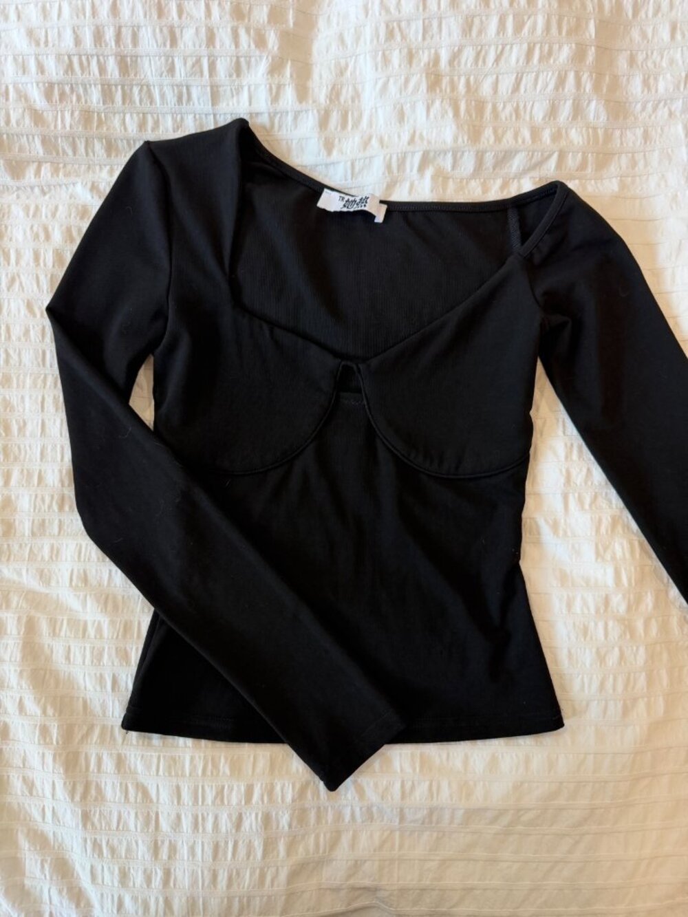 Black Asymmetric Off-Shoulder Long Sleeve Top Stretch Bodycon Size S